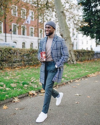 Men's Light Blue Plaid Overcoat, Beige Turtleneck, Teal Chinos, White Canvas Low Top Sneakers
