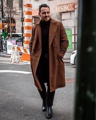 Dark Brown Wool Turtleneck Outfits For Men: Wear a dark brown wool turtleneck and black chinos to pull together an interesting and modern-looking casual outfit. Finishing with black leather chelsea boots is a guaranteed way to give an extra dose of refinement to this look.