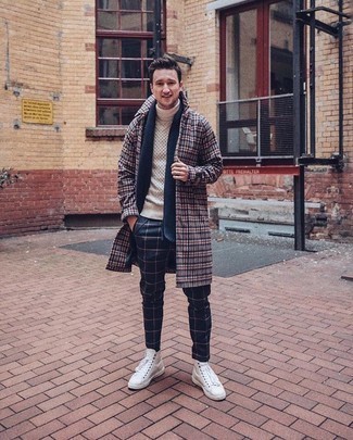 Men's Multi colored Plaid Overcoat, Beige Knit Wool Turtleneck, Navy Check Chinos, White Canvas High Top Sneakers