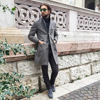 Men's Grey Plaid Overcoat, Charcoal Turtleneck, Dark Brown Chinos, Navy Athletic Shoes
