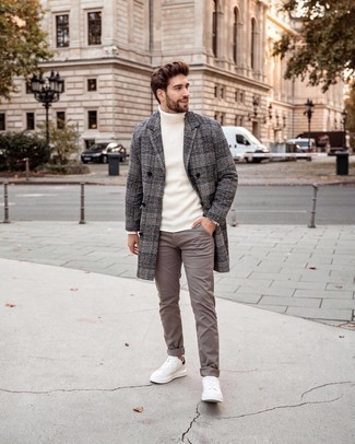 Men's Grey Plaid Overcoat, White Knit Wool Turtleneck, Grey Chinos, White and Black Canvas Low Top Sneakers