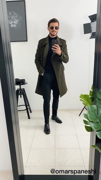 Olive Overcoat Outfits: Pair an olive overcoat with black chinos and you'll create a sleek and elegant look. Not sure how to finish this outfit? Wear black leather chelsea boots to amp it up a notch.