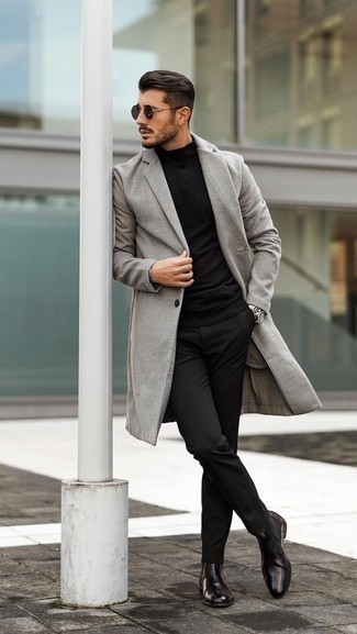 Men's Grey Overcoat, Black Turtleneck, Black Chinos, Dark Brown Leather ...