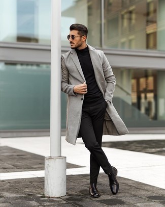 Black Chinos Chill Weather Outfits: Channel your inner connoisseur of men's fashion and consider wearing a grey overcoat and black chinos. If you want to easily spruce up your ensemble with one piece, complement your ensemble with a pair of dark brown leather chelsea boots.