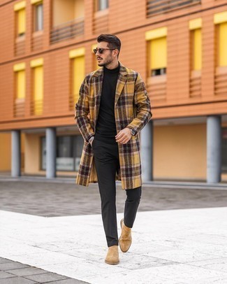 Men's Yellow Plaid Overcoat, Black Turtleneck, Charcoal Chinos, Tan Suede Chelsea Boots