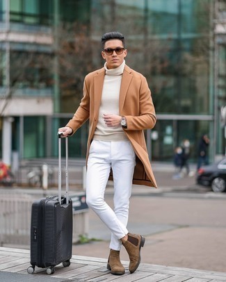 Black Suitcase Outfits For Men: Teaming a camel overcoat with a black suitcase is an amazing option for an off-duty but dapper outfit. Go ahead and add a pair of brown suede chelsea boots to the equation for an added touch of style.