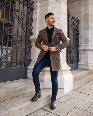 Dark Brown Herringbone Overcoat Outfits: Demonstrate that you do classic and casual menswear like a pro by wearing a dark brown herringbone overcoat and navy chinos. Dark brown leather casual boots finish this getup very nicely.