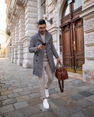 Men's White and Black Houndstooth Overcoat, Beige Wool Turtleneck, Beige Chinos, White Canvas Low Top Sneakers