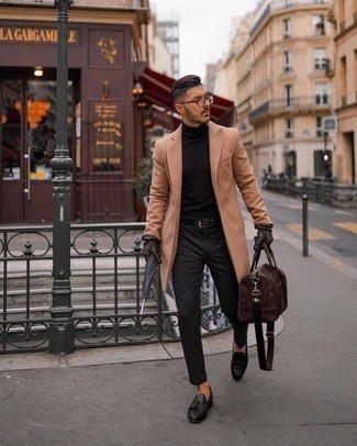 Dark Brown Leather Gloves Outfits For Men: If you're all about feeling relaxed when it comes to styling, this pairing of a camel overcoat and dark brown leather gloves is totally for you. For something more on the classier side to round off this ensemble, introduce a pair of black leather tassel loafers to the equation.