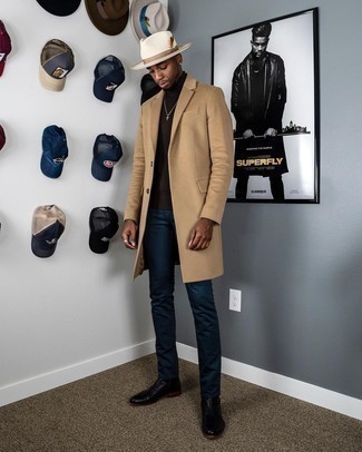White Wool Hat Outfits For Men: This ensemble with a camel overcoat and a white wool hat isn't so hard to score and is open to more sartorial experimentation. You can get a bit experimental when it comes to shoes and complete your ensemble with a pair of black leather chelsea boots.