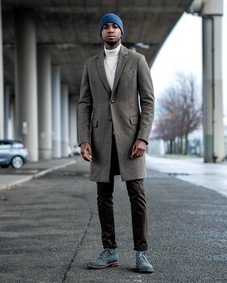 Brown Chinos Cold Weather Outfits: For a look that's worthy of a modern style-conscious man and casually smart, go for a grey overcoat and brown chinos. Blue suede casual boots are a never-failing footwear style here that's also full of personality.