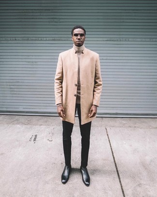 Beige Wool Turtleneck Outfits For Men: For an ensemble that's super straightforward but can be worn in many different ways, wear a beige wool turtleneck and black chinos. Introduce black leather chelsea boots to the equation to instantly spice up the ensemble.