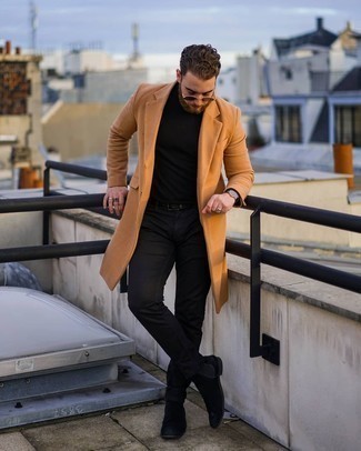 Black Chinos Chill Weather Outfits: This combo of a camel overcoat and black chinos is a solid bet when you need to look effortlessly neat but have no time to pull together an outfit. Let your styling sensibilities truly shine by finishing off this look with a pair of black suede chelsea boots.