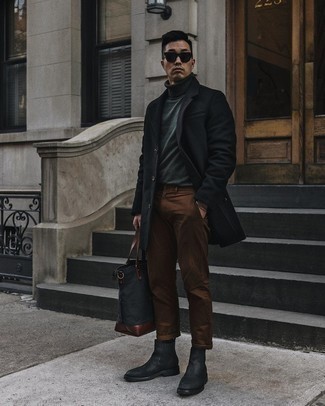 Dark Green Turtleneck Outfits For Men: A dark green turtleneck and brown chinos matched together are the perfect combination for those dressers who love casually cool styles. For a more sophisticated aesthetic, why not add black leather chelsea boots to this ensemble?