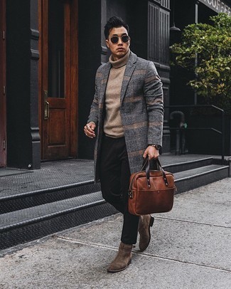 Dark Green Sunglasses Outfits For Men: Choose a grey plaid overcoat and dark green sunglasses to achieve an extra sharp and casual ensemble. Brown suede chelsea boots will bring an elegant twist to an otherwise utilitarian getup.