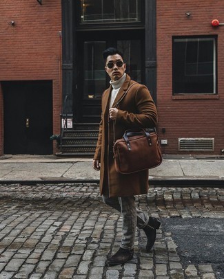 Dark Green Sunglasses Outfits For Men: This pairing of a brown overcoat and dark green sunglasses is hard proof that a simple casual getup can still be really sharp. Finishing off with a pair of dark brown suede chelsea boots is the simplest way to infuse an added dose of style into this outfit.