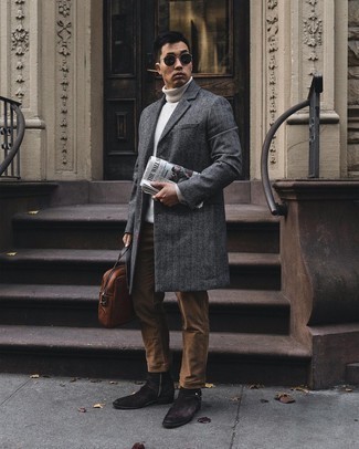 Charcoal Overcoat Outfits: When the situation calls for a refined yet cool look, pair a charcoal overcoat with brown chinos. Let your sartorial skills really shine by rounding off this look with a pair of dark brown suede chelsea boots.