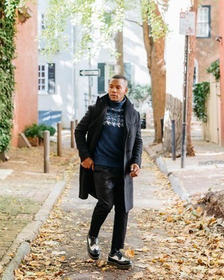 Black and White Leather Brogues Outfits: This pairing of a black overcoat and black chinos looks polished, but in a modern way. Introduce black and white leather brogues to the equation for an added dose of polish.