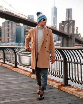 Pink Scarf Outfits For Men: This combo of a camel overcoat and a pink scarf is hard proof that a safe off-duty look can still be really interesting. To give your overall outfit a more polished aesthetic, complete this outfit with a pair of dark brown leather casual boots.