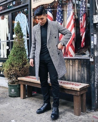 Charcoal Herringbone Overcoat Outfits: This pairing of a charcoal herringbone overcoat and navy chinos couldn't possibly come across as anything other than incredibly stylish and effortlessly sleek. If not sure about the footwear, stick to black leather casual boots.