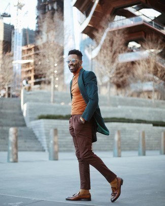 Teal Overcoat Outfits: A teal overcoat and brown chinos will add classy style to your day-to-day lineup. For something more on the smart end to complete this outfit, complement this look with brown leather tassel loafers.
