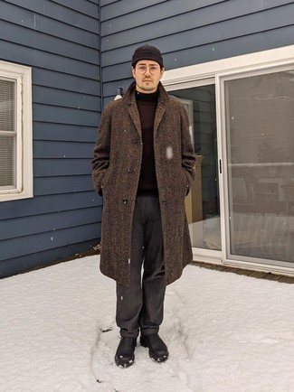 500+ Winter Outfits For Men: If the occasion calls for a smart casual ensemble, you can easily opt for a brown overcoat and dark brown chinos. For something more on the classy end to finish off your outfit, complete this look with a pair of black leather chelsea boots. Picking out a pulled together getup can be tricky on its own. Enter cold temps into the equation, and the whole thing becomes even more difficult. No worries, this here is your wintry inspo.