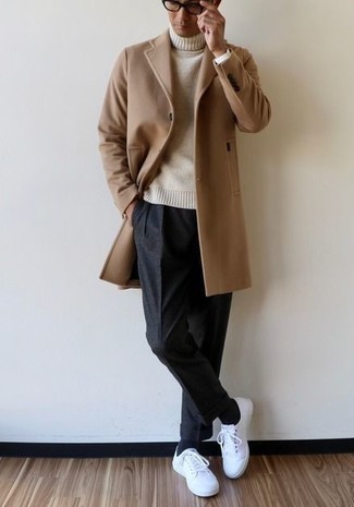 Men's Camel Overcoat, White Wool Turtleneck, Charcoal Chinos, White Canvas Low Top Sneakers