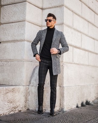 Black Check Chinos Outfits: This outfit with a grey overcoat and black check chinos isn't super hard to create and leaves room to more creative experimentation. Add a pair of black leather chelsea boots to make the outfit slightly sleeker.