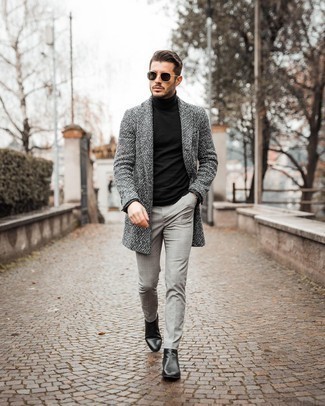Grey Overcoat Outfits: Try teaming a grey overcoat with grey plaid chinos for a proper elegant look. When it comes to footwear, go for something on the smarter end of the spectrum with black leather chelsea boots.