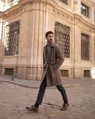 Men's Brown Houndstooth Overcoat, Brown Knit Wool Turtleneck, Charcoal Chinos, Brown Leather Derby Shoes