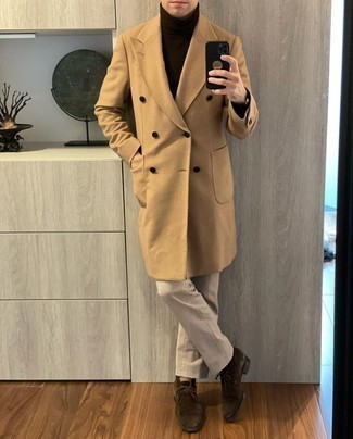Camel Overcoat with Beige Chinos Smart Casual Outfits: The combination of a camel overcoat and beige chinos makes for a really pulled together outfit. For a more laid-back spin, why not add a pair of dark brown suede desert boots to the equation?