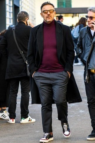 Purple Turtleneck Outfits For Men: Fashionable and practical, this casual combo of a purple turtleneck and charcoal chinos brings excellent styling opportunities. Ramp up this whole look by slipping into multi colored leather high top sneakers.