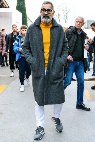 Men's Dark Green Overcoat, Mustard Turtleneck, White Chinos, Navy and White Athletic Shoes