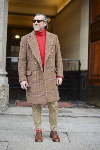 Men's Camel Plaid Overcoat, Red Knit Wool Turtleneck, Khaki Chinos, Brown Leather Derby Shoes