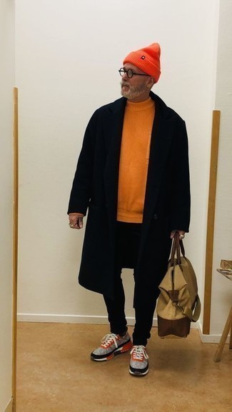 Men's Black Overcoat, Orange Knit Turtleneck, Black Chinos, Grey Athletic Shoes