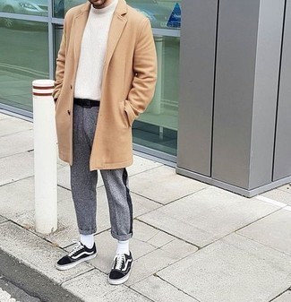 Men's Camel Overcoat, White Knit Turtleneck, Grey Chinos, Black and White Canvas Low Top Sneakers