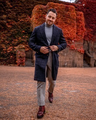 Navy and Green Plaid Overcoat Outfits: A navy and green plaid overcoat and grey wool chinos? Make no mistake, this menswear style will turn every head in the room. When it comes to shoes, add burgundy suede casual boots to the mix.