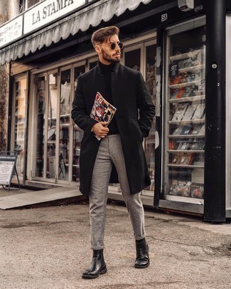 Grey Wool Chinos Outfits: This outfit with a black overcoat and grey wool chinos isn't a hard one to create and easy to change according to circumstances. You can take a more refined approach with footwear and add a pair of black leather chelsea boots to the equation.