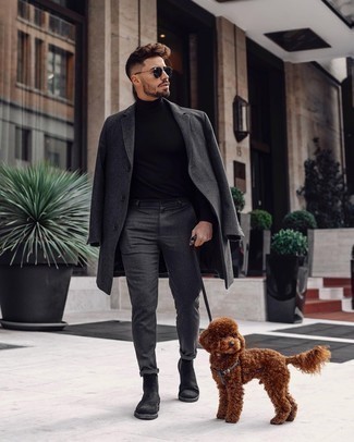 Charcoal Vertical Striped Chinos Outfits: Inject style into your daily styling routine with a charcoal overcoat and charcoal vertical striped chinos. Want to go all out when it comes to shoes? Introduce black suede chelsea boots to the mix.