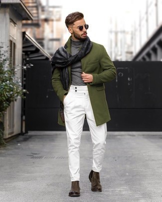 Black Print Scarf Outfits For Men: The go-to for a knockout laid-back look? An olive overcoat with a black print scarf. Here's how to infuse a hint of refinement into this ensemble: dark brown leather chelsea boots.