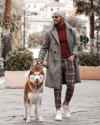 Grey Overcoat with Charcoal Plaid Pants Outfits: For a look that's worthy of a modern stylish gentleman and effortlessly sleek, make a grey overcoat and charcoal plaid pants your outfit choice. Finish with a pair of white and black leather low top sneakers and the whole outfit will come together.