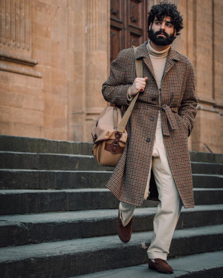 Beige Canvas Messenger Bag Outfits: If you're scouting for a modern casual and at the same time sharp look, wear a brown gingham overcoat and a beige canvas messenger bag. For something more on the classier side to finish your getup, complete this outfit with dark brown suede loafers.