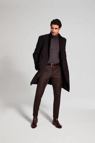 Dark Brown Overcoat Outfits: This combination of a dark brown overcoat and dark brown chinos comes to rescue when you need to look casually sleek in a flash. Here's how to dress it up: dark brown leather chelsea boots.