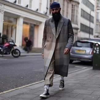 Blue Beanie Outfits For Men: For a casual getup, go for a grey check overcoat and a blue beanie — these pieces fit beautifully together. Black and white canvas high top sneakers are a stylish accompaniment for your ensemble.