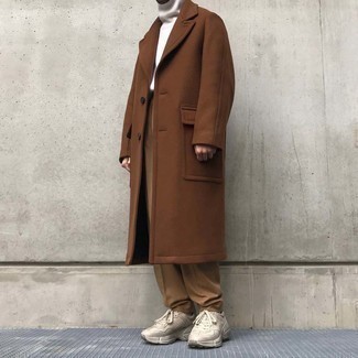 Men's Brown Overcoat, White Wool Turtleneck, Khaki Chinos, Beige Athletic Shoes
