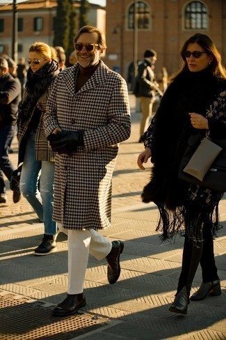 Men's Camel Houndstooth Overcoat, Brown Turtleneck, White Chinos, Dark Brown Leather Chelsea Boots