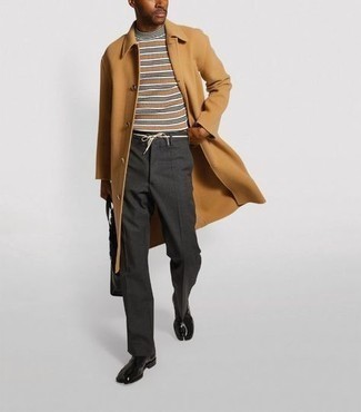 Men's Camel Overcoat, Multi colored Horizontal Striped Turtleneck, Charcoal Chinos, Black Leather Chelsea Boots