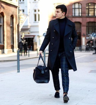 Blue Suede Tassel Loafers Outfits: A navy overcoat and navy plaid chinos make for the perfect base for an outfit. Complement this look with a pair of blue suede tassel loafers to completely switch up the look.