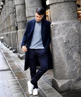 Men's Navy Overcoat, Light Blue Knit Wool Turtleneck, Navy Vertical Striped Chinos, White Canvas Low Top Sneakers