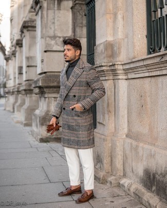 Men's Grey Plaid Overcoat, Charcoal Turtleneck, White Chinos, Dark Brown Leather Tassel Loafers